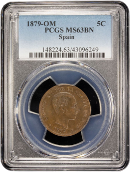 Испания 5 сентимо 1879 г. OM, PCGS MS63 BN, "Король Альфонсо XII (1874 - 1885)"