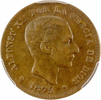 Испания 5 сентимо 1879 г. OM, PCGS MS63 BN, "Король Альфонсо XII (1874 - 1885)"
