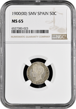 Испания 50 сентимо 1900 г. SMV, NGC MS65, "Король Альфонсо XIII (1886 - 1931)"