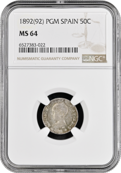 Испания 50 сентимо 1892 г. PGM, NGC NS64, "Король Альфонсо XIII (1886 - 1931)"