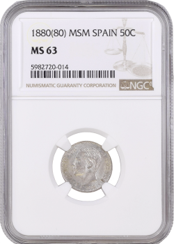 Испания 50 сентимо 1880 г. MS-M, NGC MS63, "Король Альфонсо XII (1874 - 1885)"