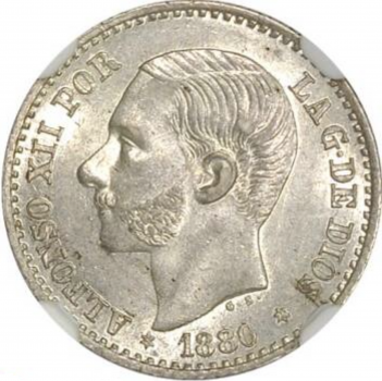 Испания 50 сентимо 1880 г. MS-M, NGC MS63, "Король Альфонсо XII (1874 - 1885)"