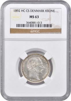 Дания 1 крона 1892 г. CS, NGC MS63, "Король Кристиан IX (1873 - 1906)"