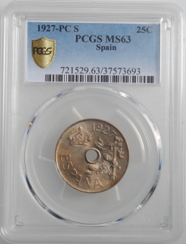 Испания 25 сентимо 1927 г., PCGS MS63, "Король Альфонсо XIII (1886 - 1931)"