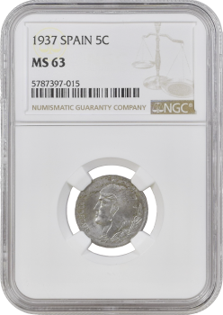 Испания 5 сентимо 1937 г., NGC MS63, "Вторая Республика (1931 - 1939)"