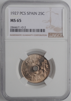 Испания 25 сентимо 1927 г., NGC MS65, "Король Альфонсо XIII (1886 - 1931)"