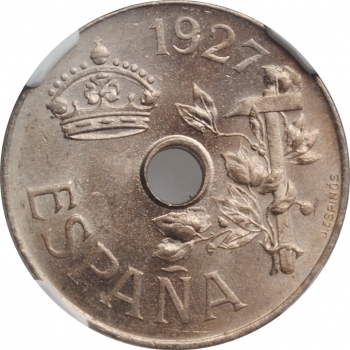 Испания 25 сентимо 1927 г., NGC MS65, "Король Альфонсо XIII (1886 - 1931)"