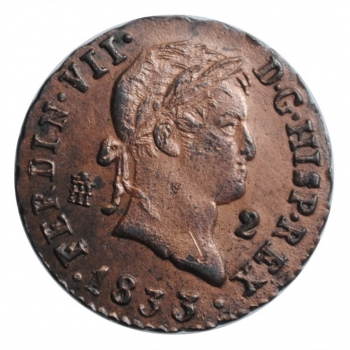 Испания 2 мараведи 1833 г., UNC, "Король Фердинанд VII (1813 - 1833)"