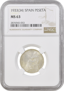 Испания 1 песета 1933 г. (34), NGC MS63, "Вторая Республика (1931 - 1939)"