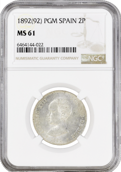 Испания 2 песеты 1892 г. PGM, NGC MS61, "Король Альфонсо XIII (1886 - 1931)"