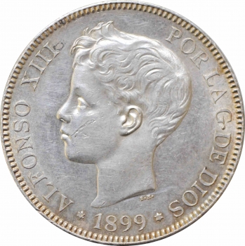 Испания 5 песет 1899 г. SGV, UNC, "Король Альфонсо XIII (1886 - 1931)"