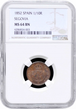 Испания 1/10 реала 1852 г., NGC MS64 BN, "Королева Изабелла II (1847 - 1864)"