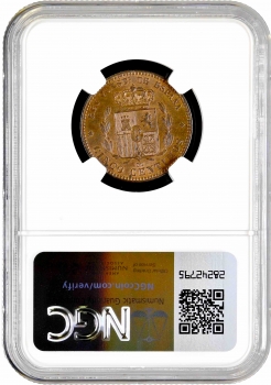 Испания 5 сентимо 1879 г. OM, NGC MS64 RB, "Король Альфонсо XII (1874 - 1885)"