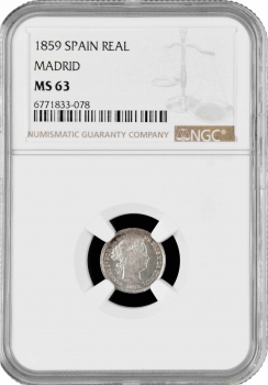 Испания 1 реал 1859 г., NGC MS63 MADRID, "Королева Изабелла II (1847 - 1864)"