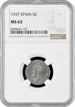 Испания 5 сентимо 1937 г., NGC MS63, "Вторая Республика (1931 - 1939)"