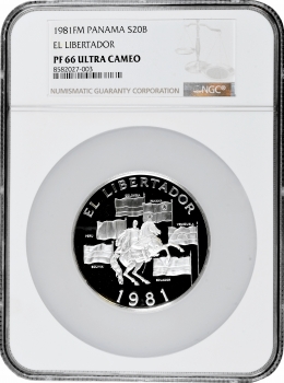 Панама 20 бальбоа 1981 г., NGC PF66 UC, "Симон Боливар, освободитель"