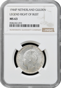 Нідерланди 1 гульден 1944 P, NGC MS63, "Королева Вільгельміна (1890 - 1948)"