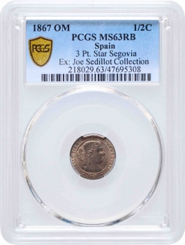 Испания 1/2 сентимо 1867 г. OM, PCGS MS63 RB, "Королева Изабелла II (1864 - 1869)"