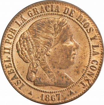 Испания 1/2 сентимо 1867 г. OM, PCGS MS63 RB, "Королева Изабелла II (1864 - 1869)"