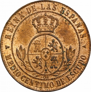 Испания 1/2 сентимо 1867 г. OM, PCGS MS63 RB, "Королева Изабелла II (1864 - 1869)"