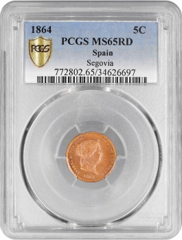 Испания 5 сентимо 1864 г., PCGS MS65 RD, "Королева Изабелла II (1847 - 1864)" Top Pop