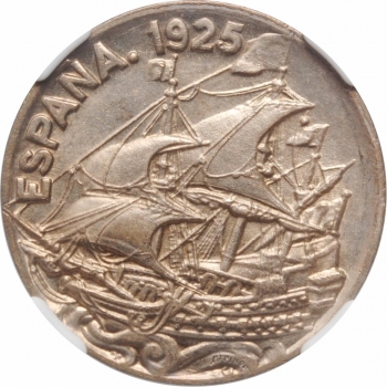 Испания 25 сентимо 1925 г., NGC MS64, "Король Альфонсо XIII (1886 - 1931)"