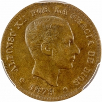 Испания 5 сентимо 1879 г. OM, PCGS MS63 BN, "Король Альфонсо XII (1874 - 1885)"