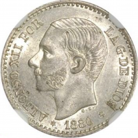 Испания 50 сентимо 1880 г. MS-M, NGC MS63, "Король Альфонсо XII (1874 - 1885)"