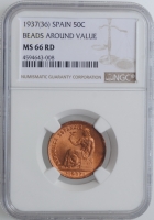 Испания 50 сентимо 1937 (36) г., NGC MS66 RD, "Вторая Республика (1931 - 1939)"