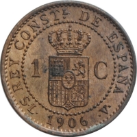 Испания 1 сентимо 1906 г., UNC, 'Король Альфонсо XIII (1886-1931)'