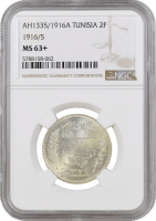 Тунис 2 франка AH 1335 (1916/5 г.), NGC MS63+, "Французский протекторат (1890 - 1957)" Top Pop