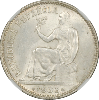 Испания 1 песета 1933 г. (34), NGC MS63, "Вторая Республика (1931 - 1939)"