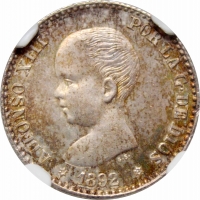 Испания 50 сентимо 1892 г. PGM, NGC NS64, "Король Альфонсо XIII (1886 - 1931)"