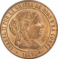 Испания 1/2 сентимо 1867 г. OM, PCGS MS63 RB, "Королева Изабелла II (1864 - 1869)"